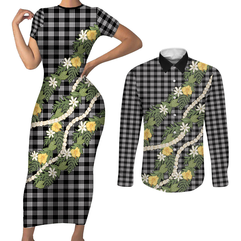 Aloha Puakenikeni Anthurium Pikake Lei Couples Matching Short Sleeve Bodycon Dress and Long Sleeve Button Shirt Black Hawaiian Palaka Pattern