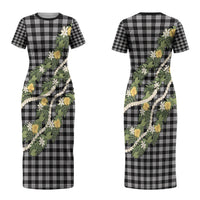 Aloha Puakenikeni Anthurium Pikake Lei Couples Matching Short Sleeve Bodycon Dress and Long Sleeve Button Shirt Black Hawaiian Palaka Pattern LT9 - Polynesian Pride
