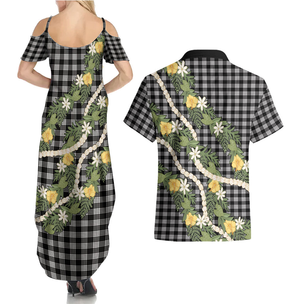 Aloha Puakenikeni Anthurium Pikake Lei Couples Matching Summer Maxi Dress and Hawaiian Shirt Black Hawaiian Palaka Pattern