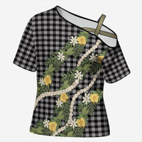Aloha Puakenikeni Anthurium Pikake Lei Cross Shoulder Shirt Black Hawaiian Palaka Pattern LT9 Female Black - Polynesian Pride