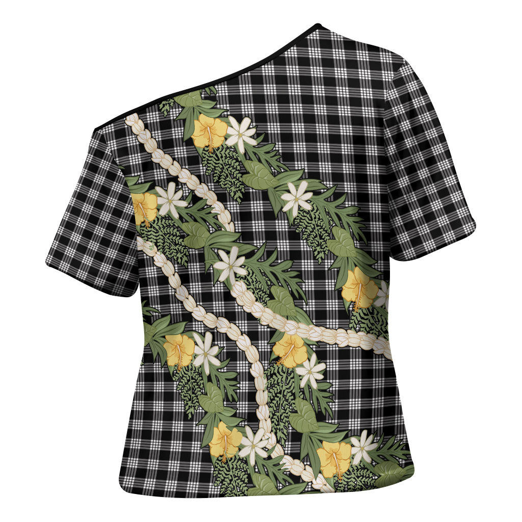 Aloha Puakenikeni Anthurium Pikake Lei Cross Shoulder Shirt Black Hawaiian Palaka Pattern LT9 - Polynesian Pride