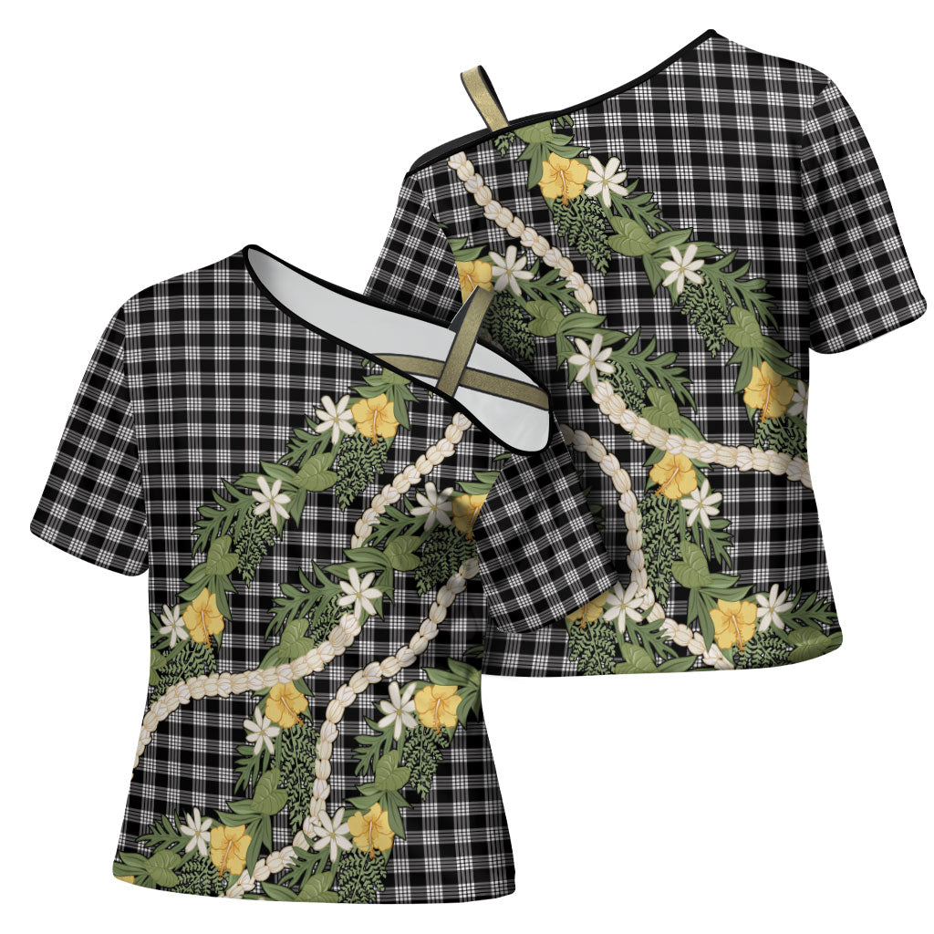 Aloha Puakenikeni Anthurium Pikake Lei Cross Shoulder Shirt Black Hawaiian Palaka Pattern LT9 - Polynesian Pride