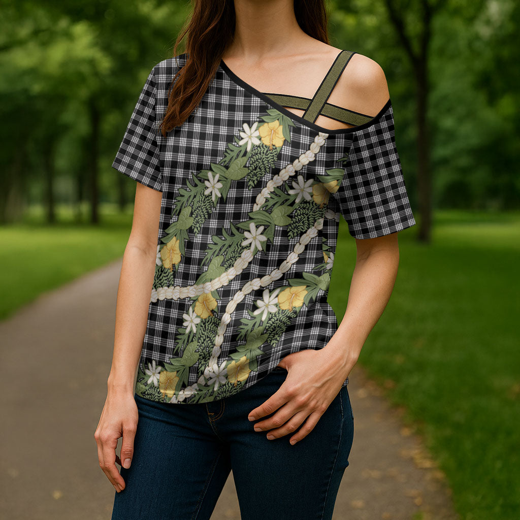 Aloha Puakenikeni Anthurium Pikake Lei Cross Shoulder Shirt Black Hawaiian Palaka Pattern LT9 - Polynesian Pride