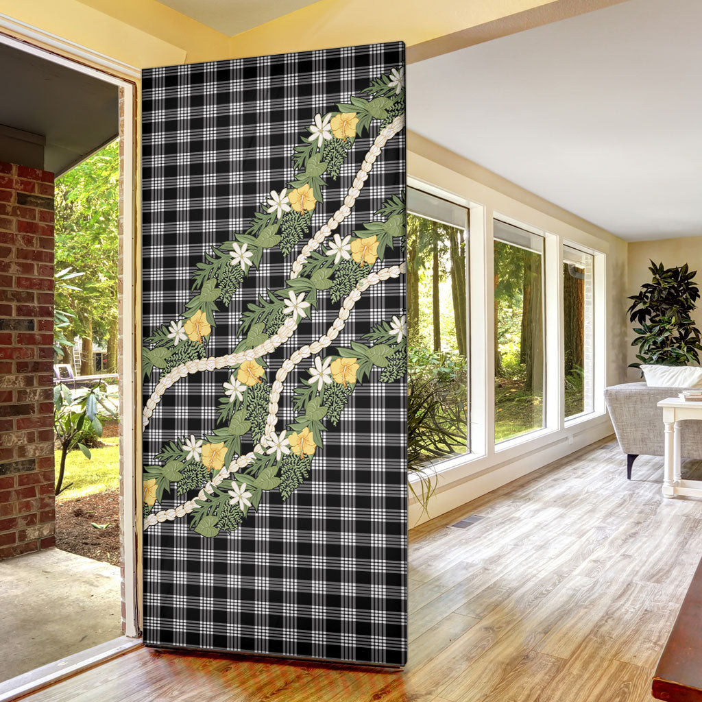 Aloha Puakenikeni Anthurium Pikake Lei Door Cover Black Hawaiian Palaka Pattern