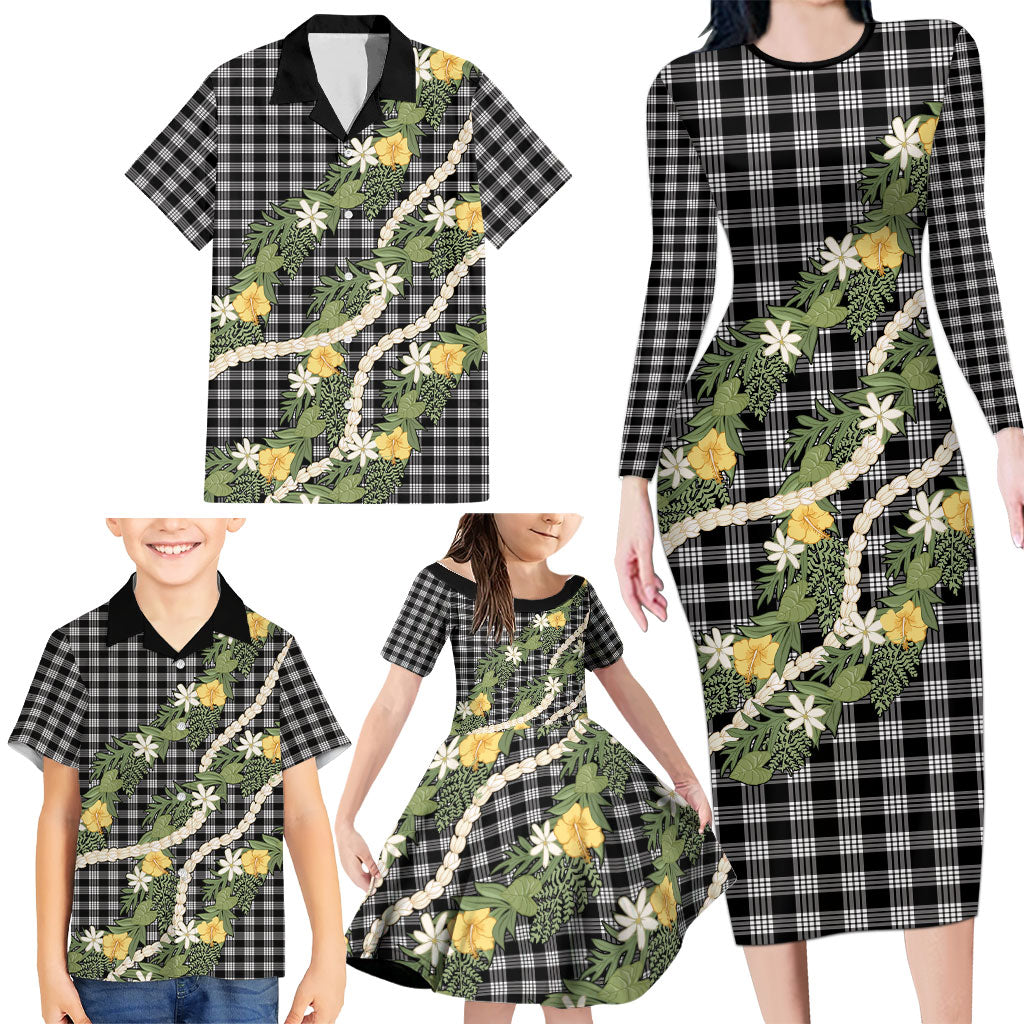 Aloha Puakenikeni Anthurium Pikake Lei Family Matching Long Sleeve Bodycon Dress and Hawaiian Shirt Black Hawaiian Palaka Pattern LT9 - Polynesian Pride