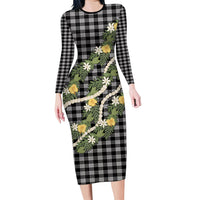 Aloha Puakenikeni Anthurium Pikake Lei Family Matching Long Sleeve Bodycon Dress and Hawaiian Shirt Black Hawaiian Palaka Pattern LT9 Mom's Dress Black - Polynesian Pride