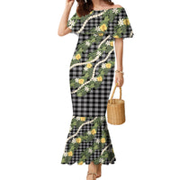 Aloha Puakenikeni Anthurium Pikake Lei Family Matching Mermaid Dress and Hawaiian Shirt Black Hawaiian Palaka Pattern LT9 Mom's Dress Black - Polynesian Pride