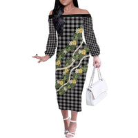 Aloha Puakenikeni Anthurium Pikake Lei Family Matching Off The Shoulder Long Sleeve Dress and Hawaiian Shirt Black Hawaiian Palaka Pattern LT9 Mom's Dress Black - Polynesian Pride