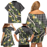 Aloha Puakenikeni Anthurium Pikake Lei Family Matching Off Shoulder Short Dress and Hawaiian Shirt Black Hawaiian Palaka Pattern LT9 - Polynesian Pride