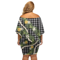 Aloha Puakenikeni Anthurium Pikake Lei Family Matching Off Shoulder Short Dress and Hawaiian Shirt Black Hawaiian Palaka Pattern LT9 - Polynesian Pride