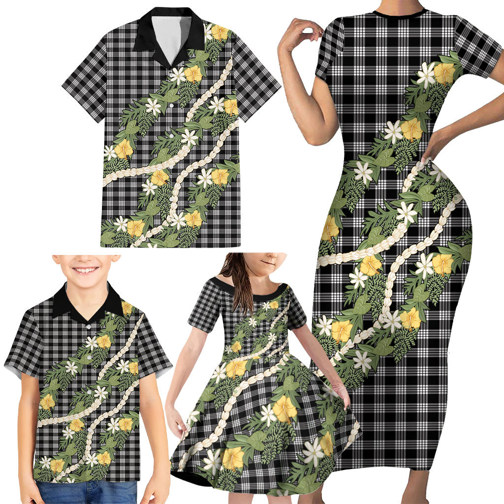 Aloha Puakenikeni Anthurium Pikake Lei Family Matching Short Sleeve Bodycon Dress and Hawaiian Shirt Black Hawaiian Palaka Pattern