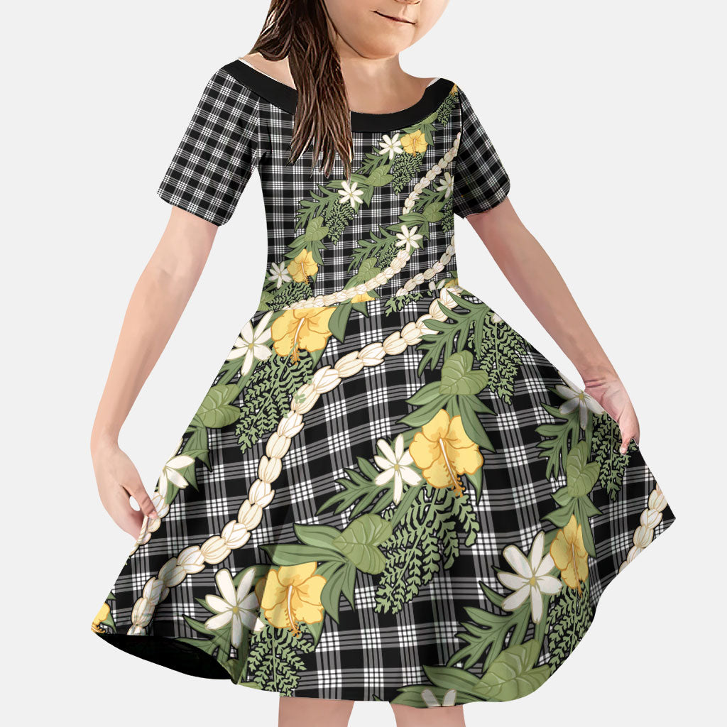 Aloha Puakenikeni Anthurium Pikake Lei Family Matching Summer Maxi Dress and Hawaiian Shirt Black Hawaiian Palaka Pattern LT9 Daughter's Dress Black - Polynesian Pride