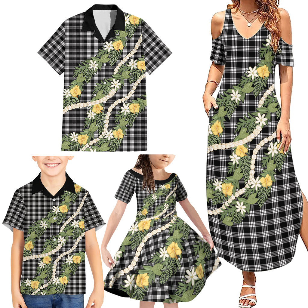 Aloha Puakenikeni Anthurium Pikake Lei Family Matching Summer Maxi Dress and Hawaiian Shirt Black Hawaiian Palaka Pattern LT9 - Polynesian Pride