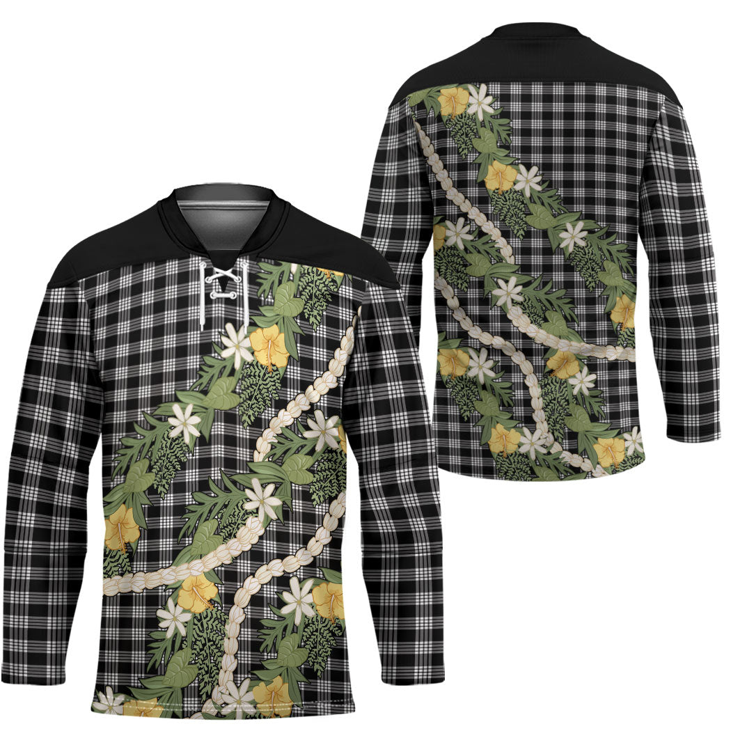Aloha Puakenikeni Anthurium Pikake Lei Hockey Jersey Black Hawaiian Palaka Pattern LT9 - Polynesian Pride