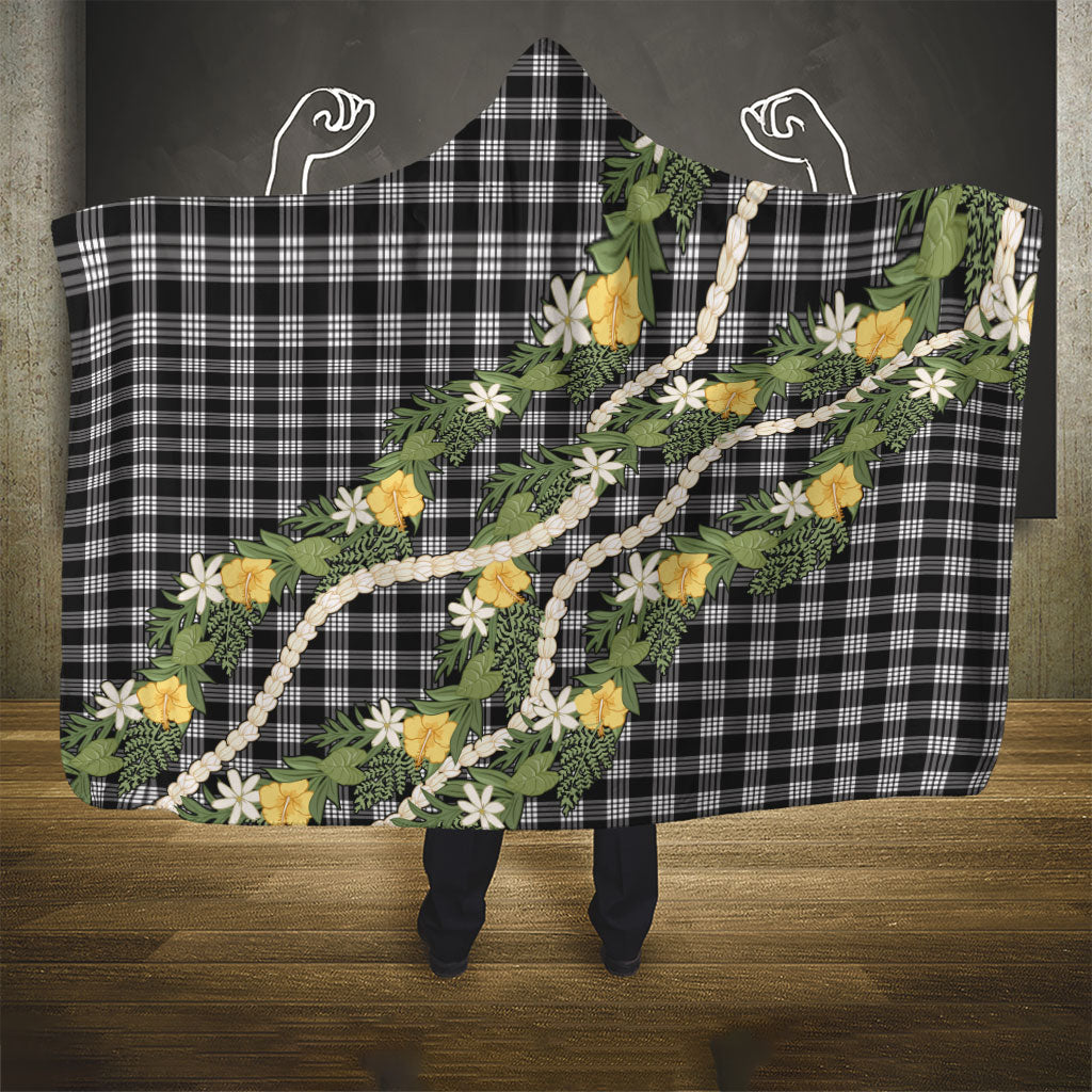 Aloha Puakenikeni Anthurium Pikake Lei Hooded Blanket Black Hawaiian Palaka Pattern LT9 - Polynesian Pride