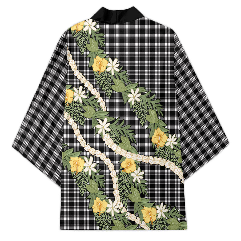 Aloha Puakenikeni Anthurium Pikake Lei Kimono Black Hawaiian Palaka Pattern