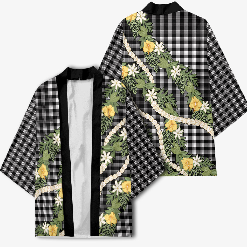 Aloha Puakenikeni Anthurium Pikake Lei Kimono Black Hawaiian Palaka Pattern