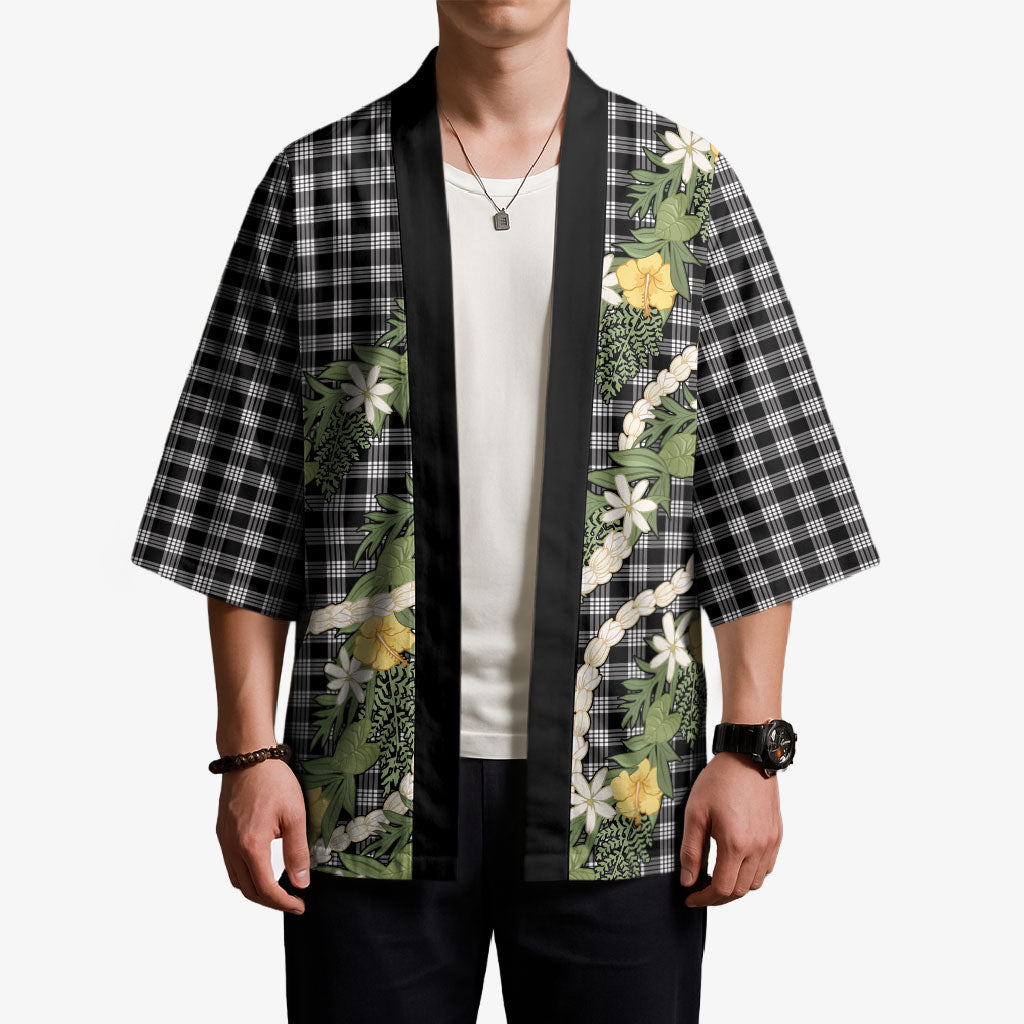 Aloha Puakenikeni Anthurium Pikake Lei Kimono Black Hawaiian Palaka Pattern