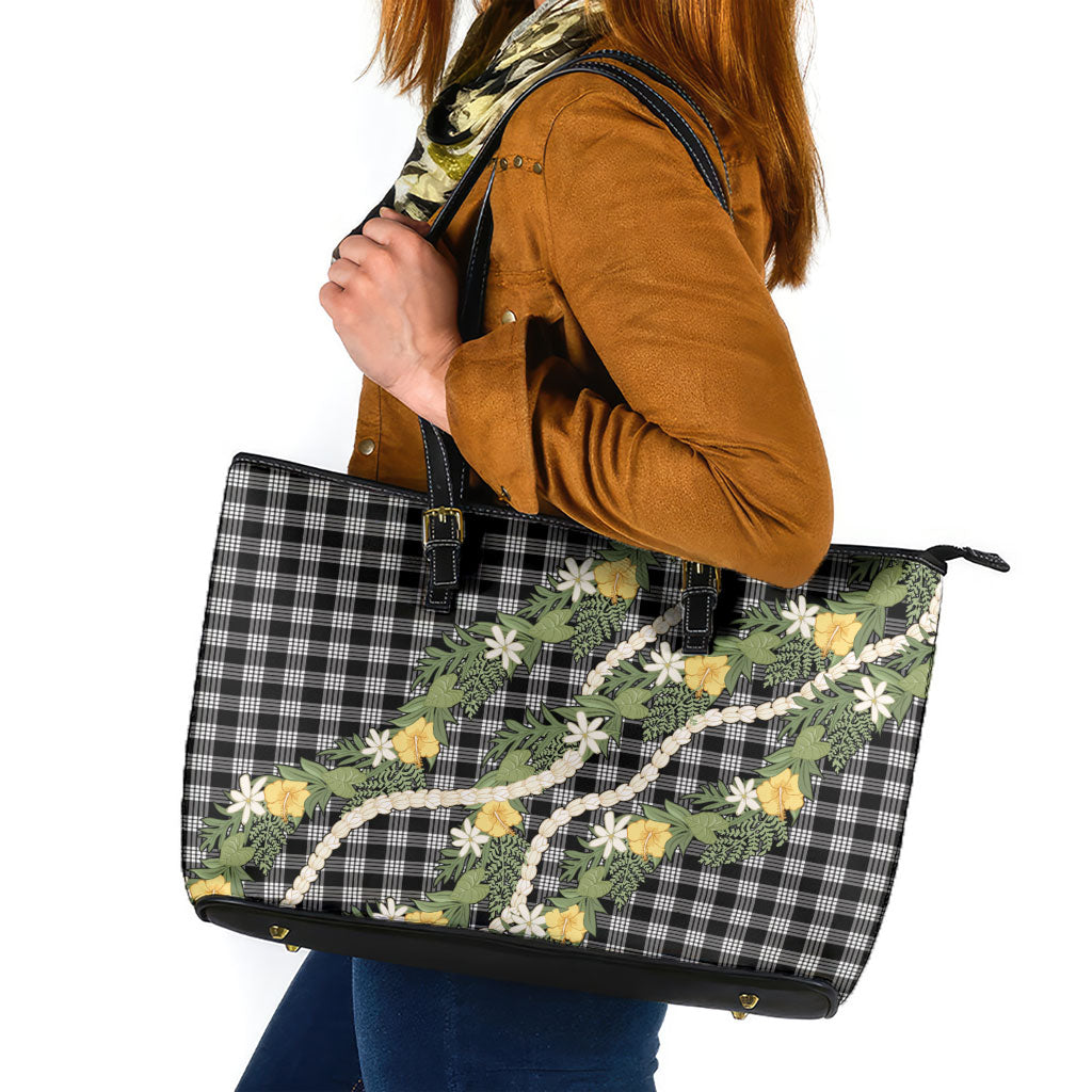 Aloha Puakenikeni Anthurium Pikake Lei Leather Tote Bag Black Hawaiian Palaka Pattern