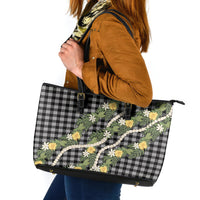 Aloha Puakenikeni Anthurium Pikake Lei Leather Tote Bag Black Hawaiian Palaka Pattern