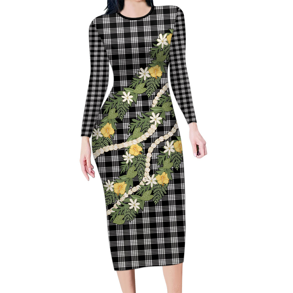 Aloha Puakenikeni Anthurium Pikake Lei Long Sleeve Bodycon Dress Black Hawaiian Palaka Pattern