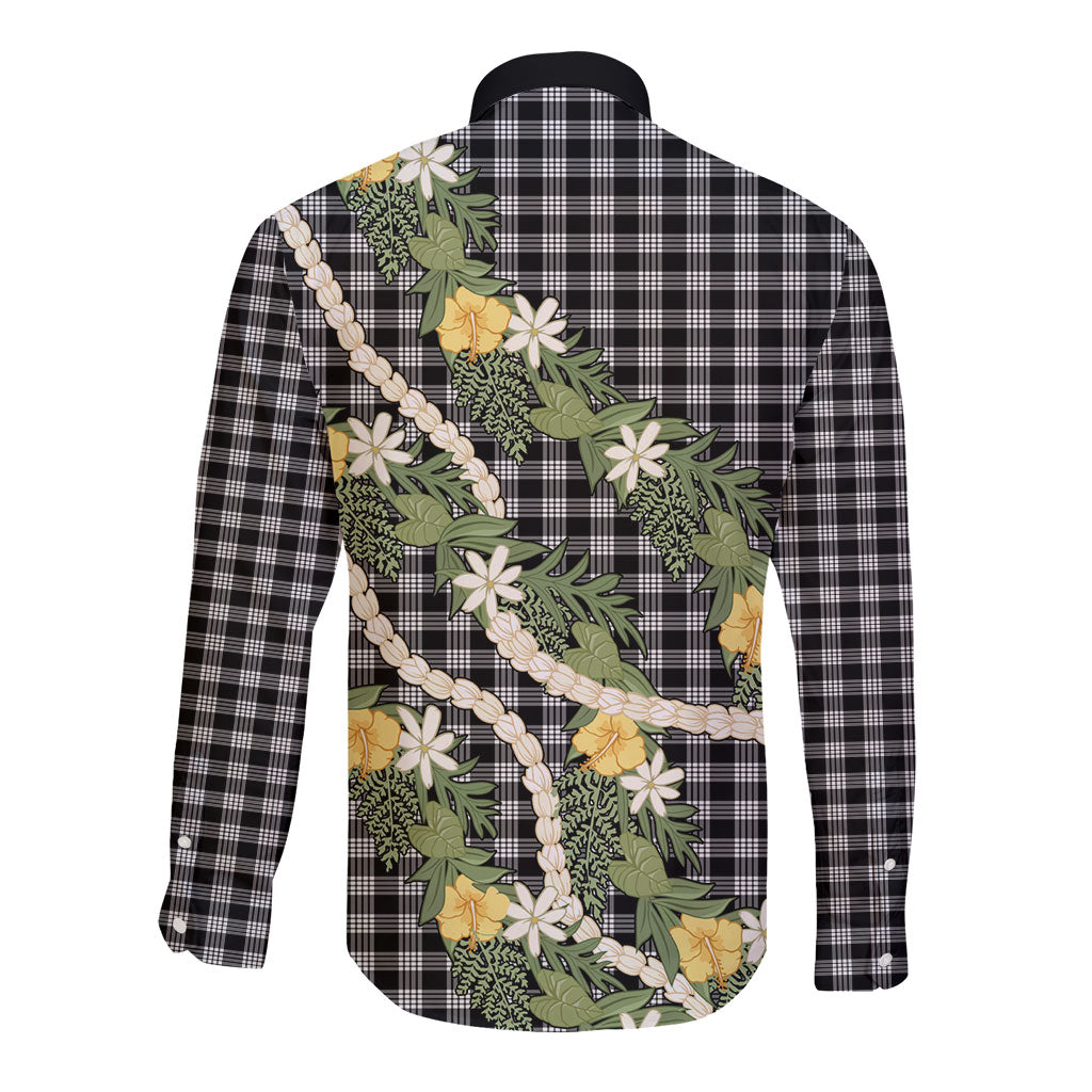 Aloha Puakenikeni Anthurium Pikake Lei Long Sleeve Button Shirt Black Hawaiian Palaka Pattern