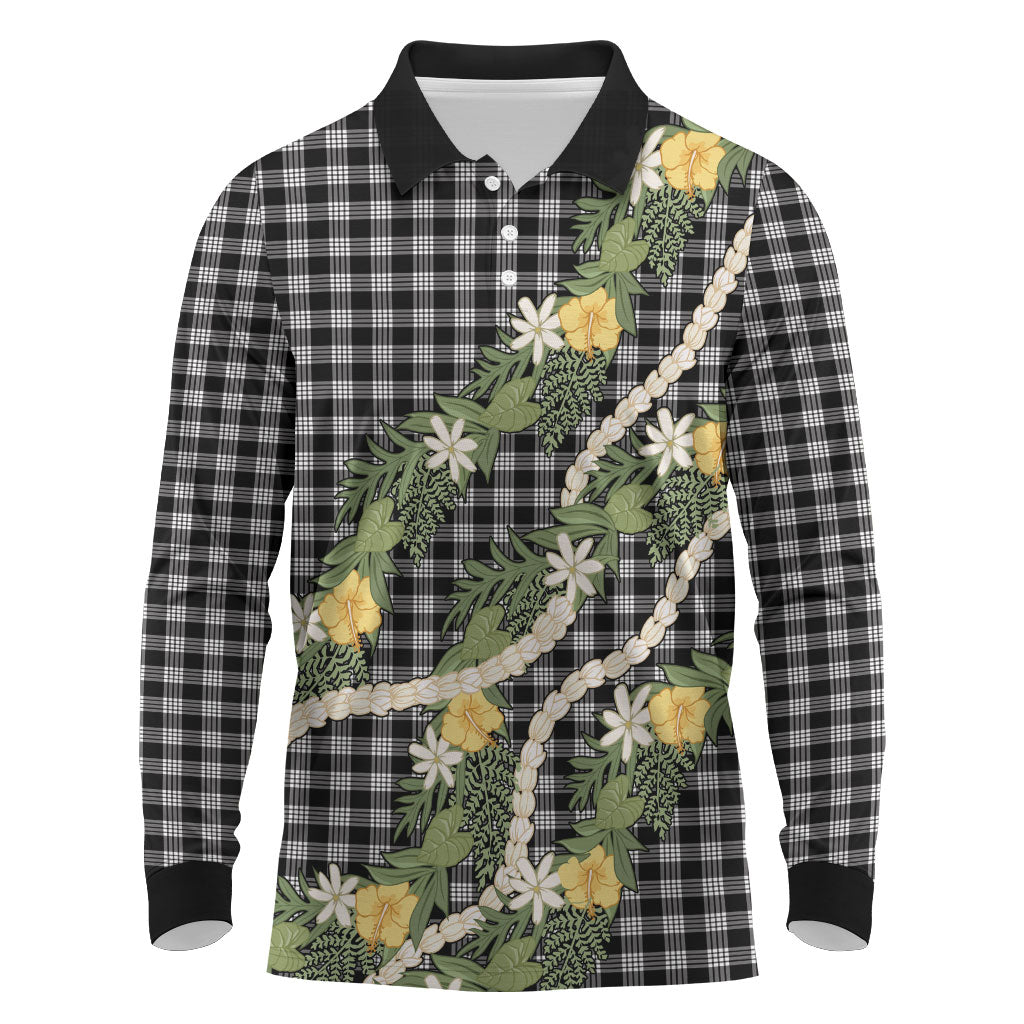Aloha Puakenikeni Anthurium Pikake Lei Long Sleeve Polo Shirt Black Hawaiian Palaka Pattern