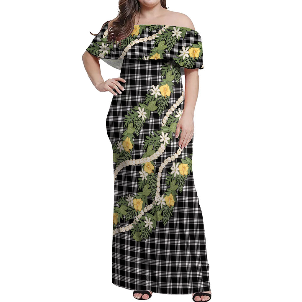 Aloha Puakenikeni Anthurium Pikake Lei Off Shoulder Maxi Dress Black Hawaiian Palaka Pattern