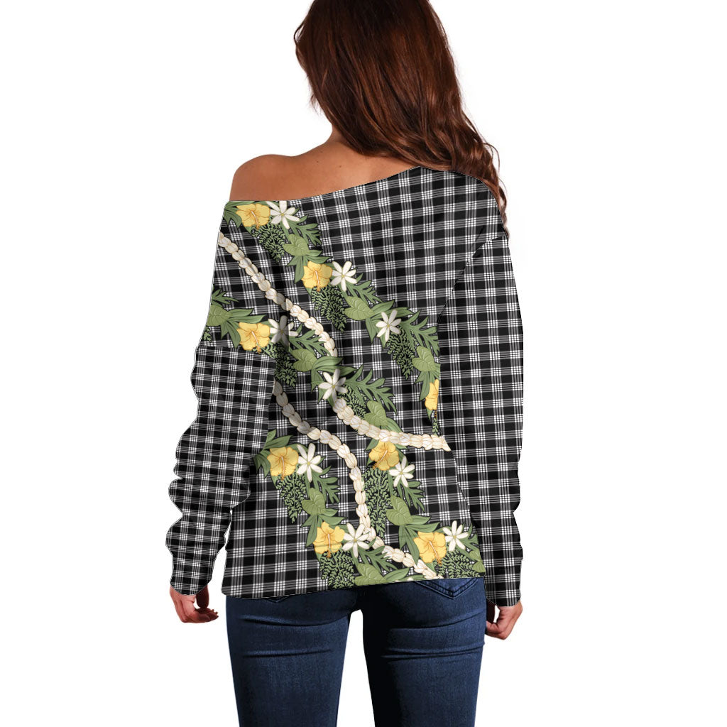 Aloha Puakenikeni Anthurium Pikake Lei Off Shoulder Sweater Black Hawaiian Palaka Pattern