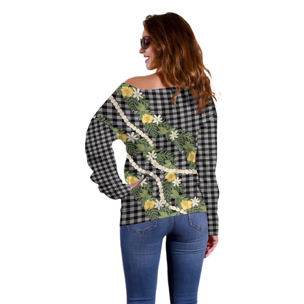 Aloha Puakenikeni Anthurium Pikake Lei Off Shoulder Sweater Black Hawaiian Palaka Pattern