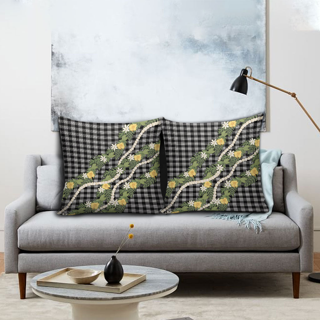 Aloha Puakenikeni Anthurium Pikake Lei Pillow Cover Black Hawaiian Palaka Pattern LT9 - Polynesian Pride