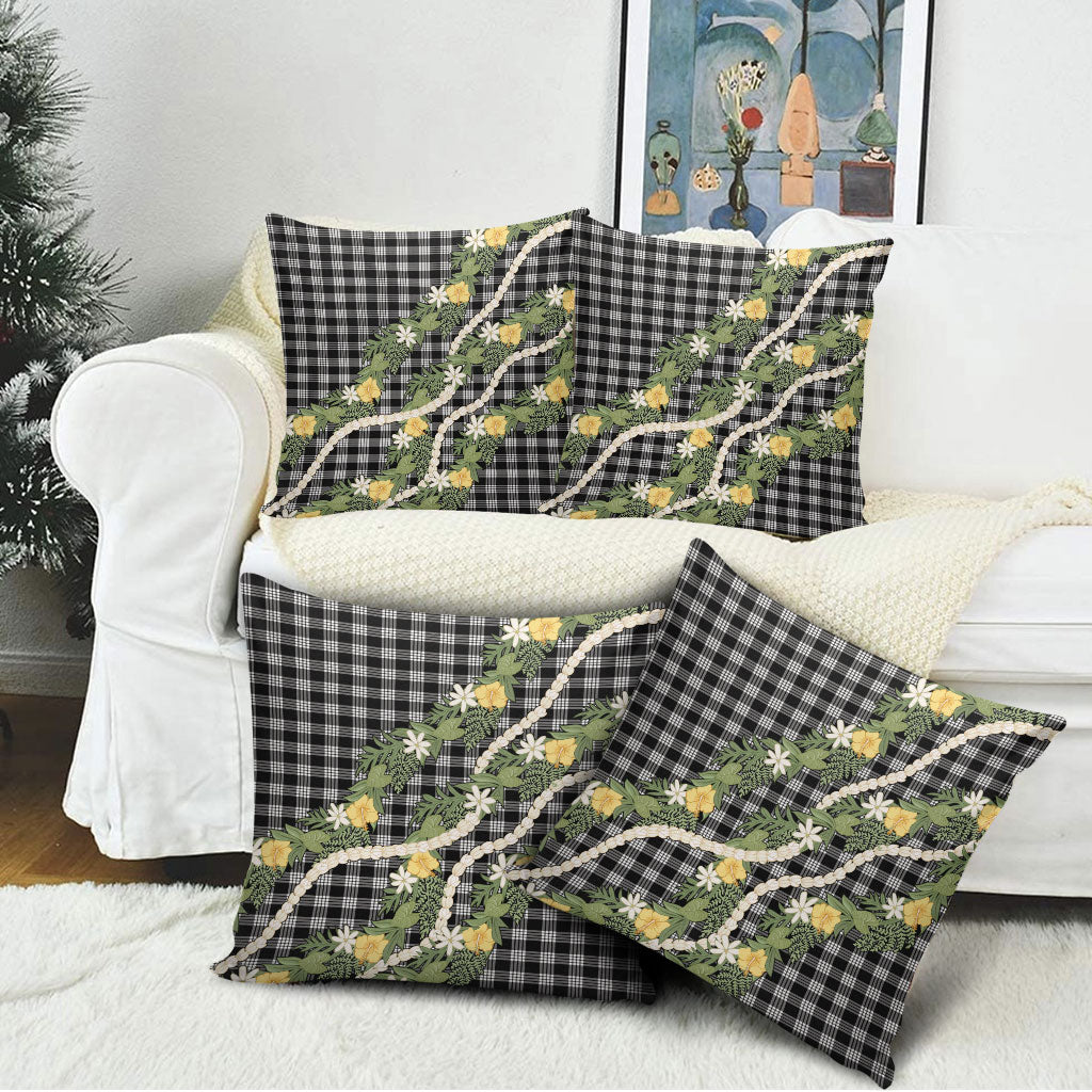 Aloha Puakenikeni Anthurium Pikake Lei Pillow Cover Black Hawaiian Palaka Pattern LT9 - Polynesian Pride