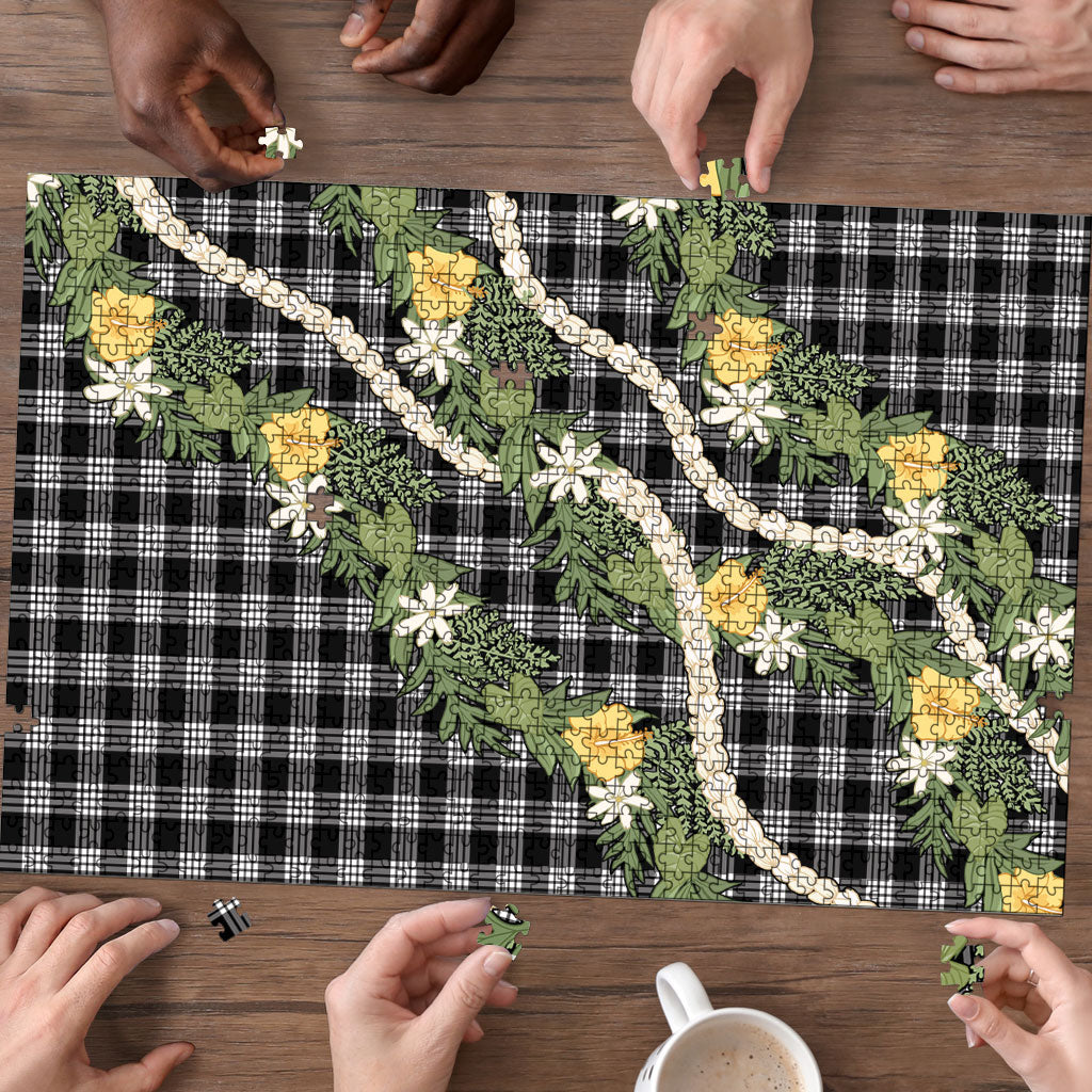 Aloha Puakenikeni Anthurium Pikake Lei Puzzle Black Hawaiian Palaka Pattern