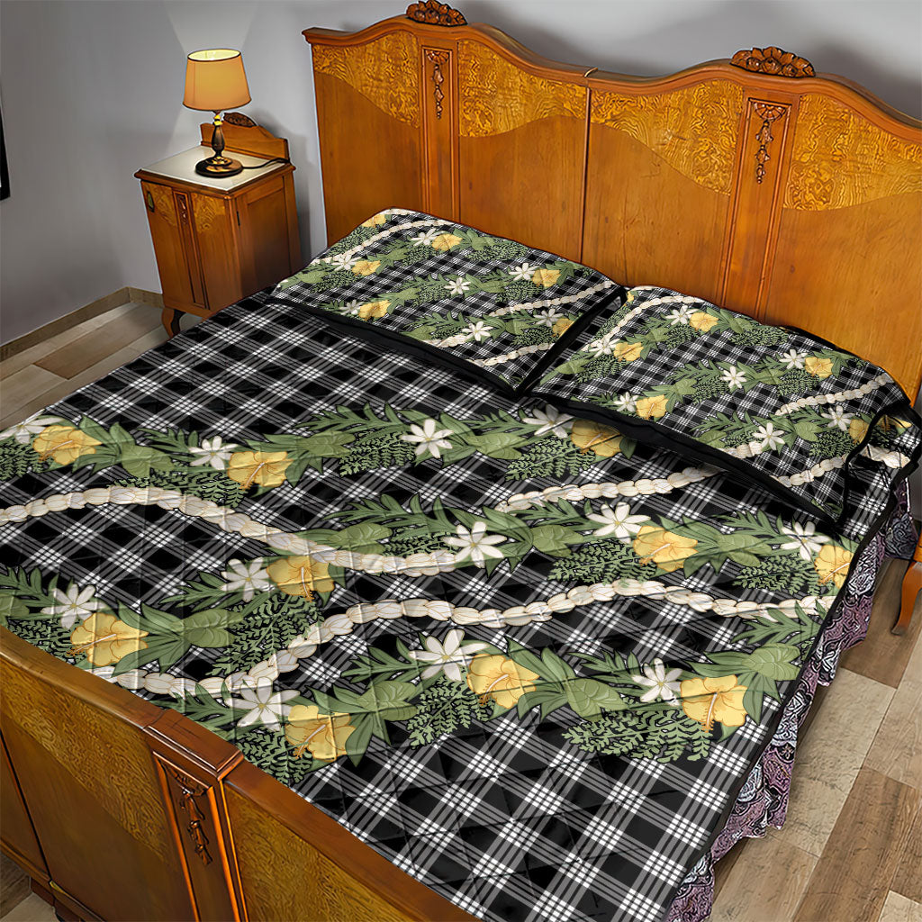Aloha Puakenikeni Anthurium Pikake Lei Quilt Bed Set Black Hawaiian Palaka Pattern