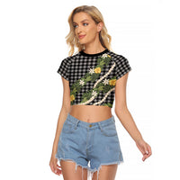 Aloha Puakenikeni Anthurium Pikake Lei Raglan Cropped T Shirt Black Hawaiian Palaka Pattern