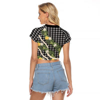 Aloha Puakenikeni Anthurium Pikake Lei Raglan Cropped T Shirt Black Hawaiian Palaka Pattern