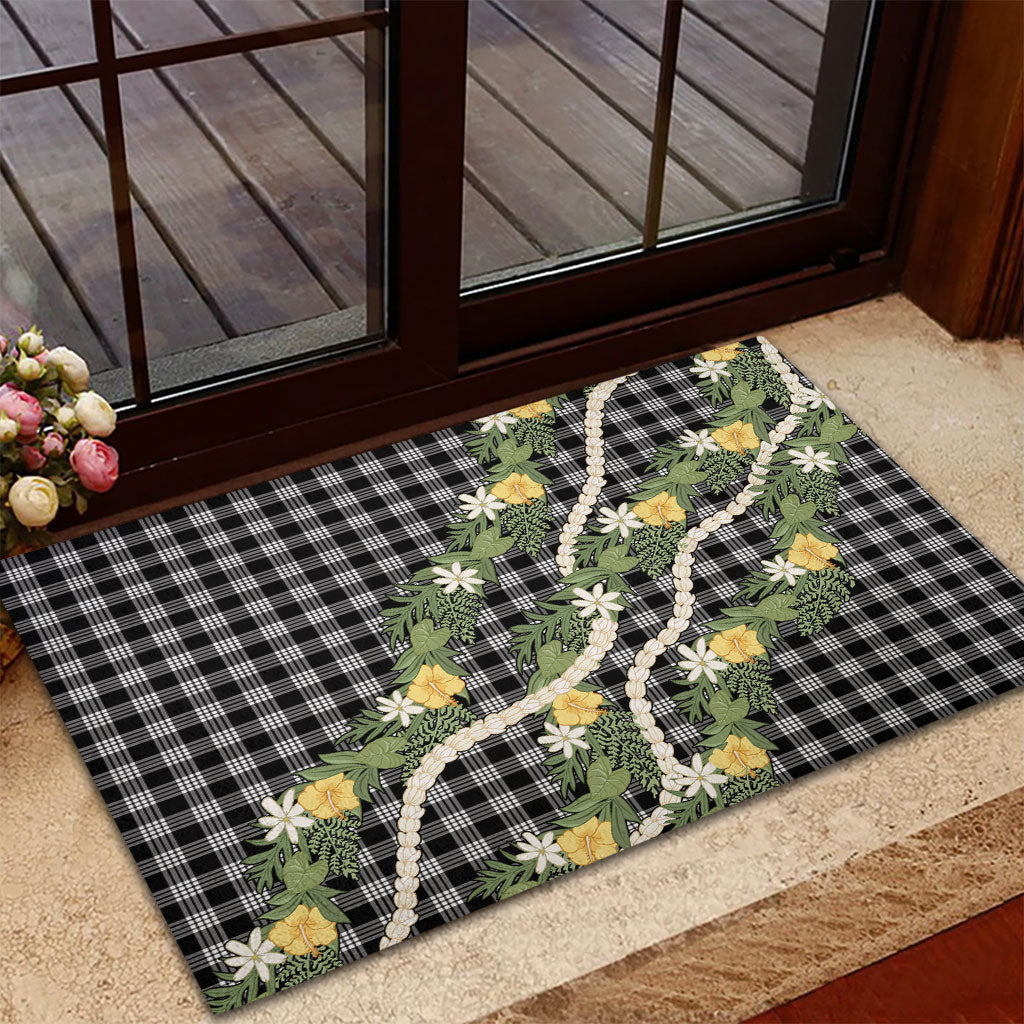 Aloha Puakenikeni Anthurium Pikake Lei Rubber Doormat Black Hawaiian Palaka Pattern