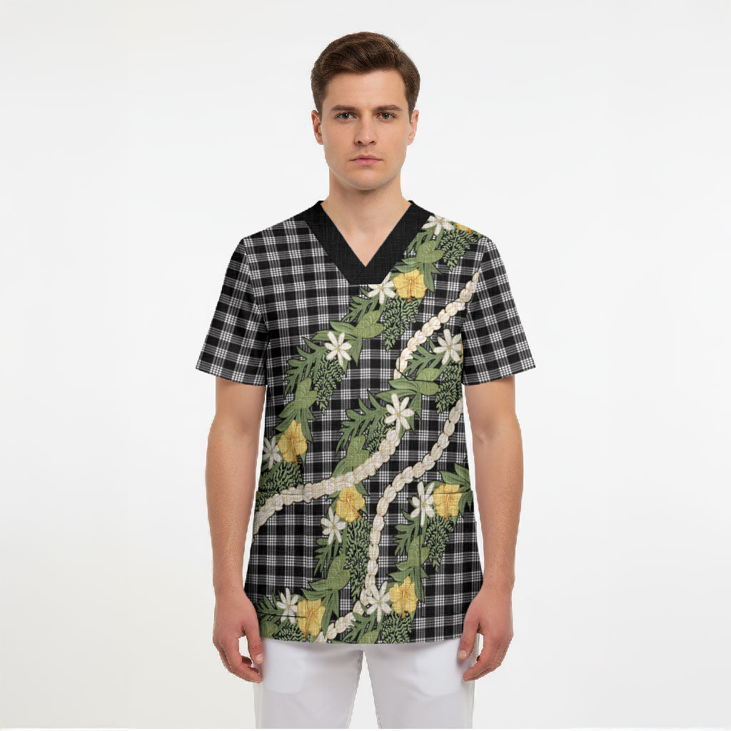 Aloha Puakenikeni Anthurium Pikake Lei Scrub Top Black Hawaiian Palaka Pattern