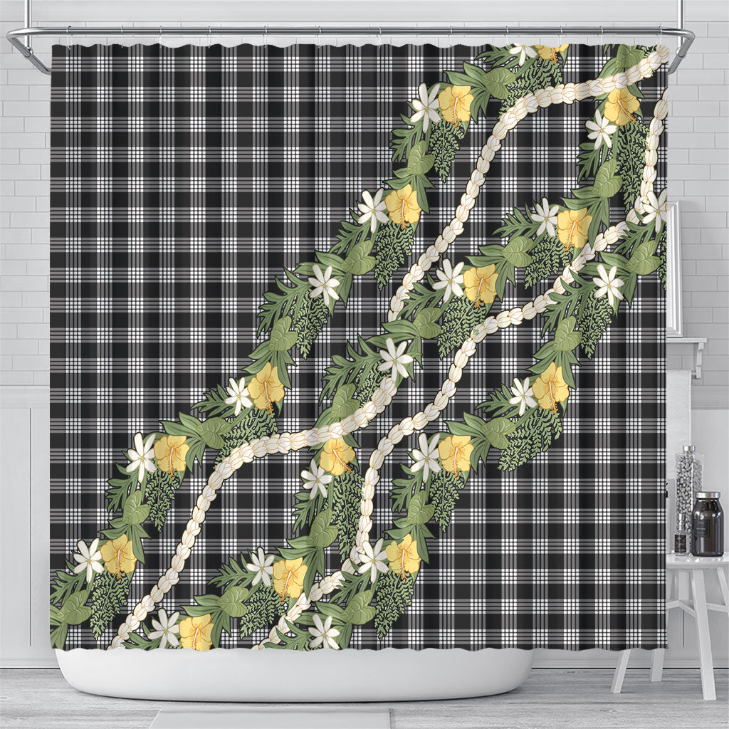 Aloha Puakenikeni Anthurium Pikake Lei Shower Curtain Black Hawaiian Palaka Pattern