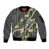 Aloha Puakenikeni Anthurium Pikake Lei Sleeve Zip Bomber Jacket Black Hawaiian Palaka Pattern LT9 Unisex Black - Polynesian Pride