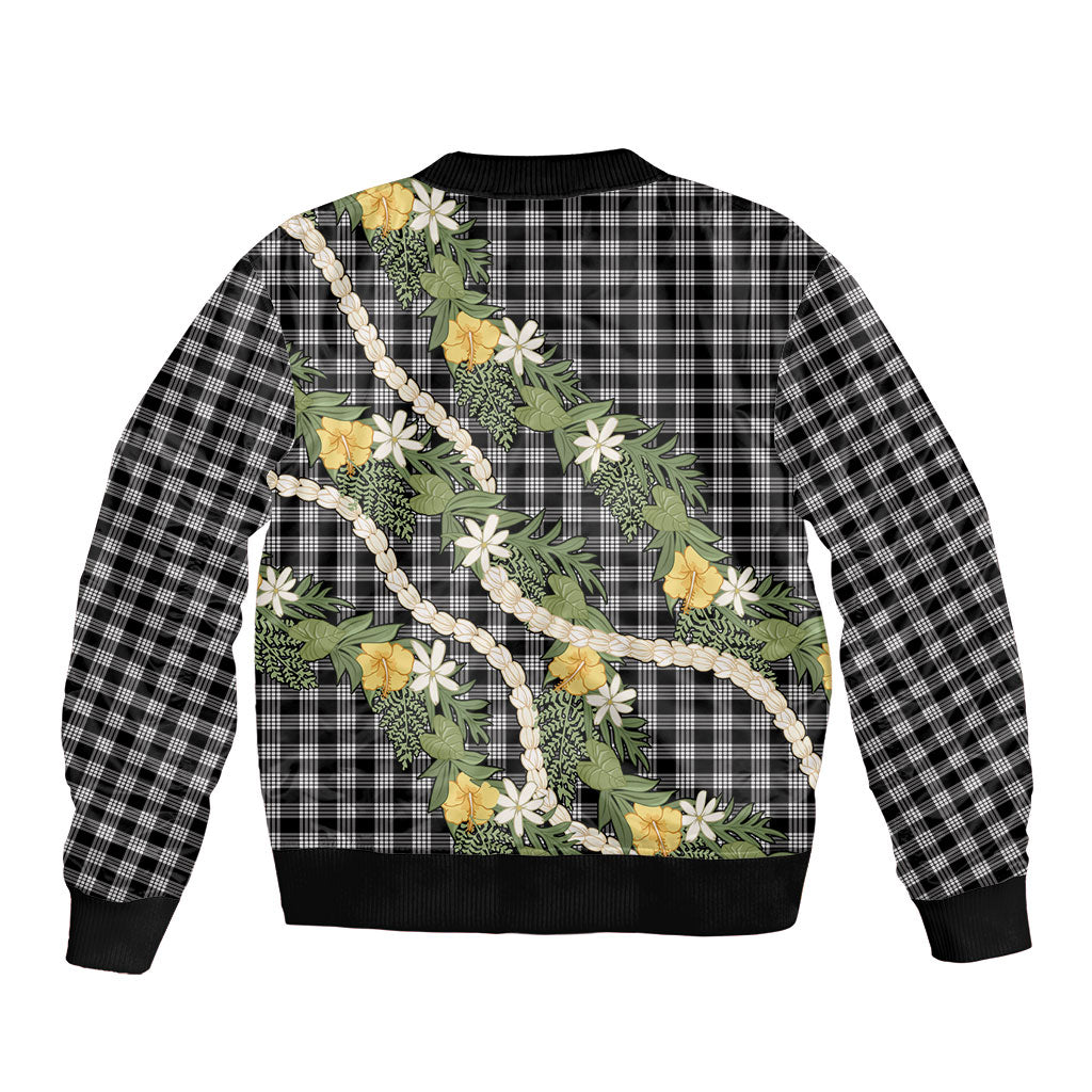Aloha Puakenikeni Anthurium Pikake Lei Sleeve Zip Bomber Jacket Black Hawaiian Palaka Pattern LT9 - Polynesian Pride