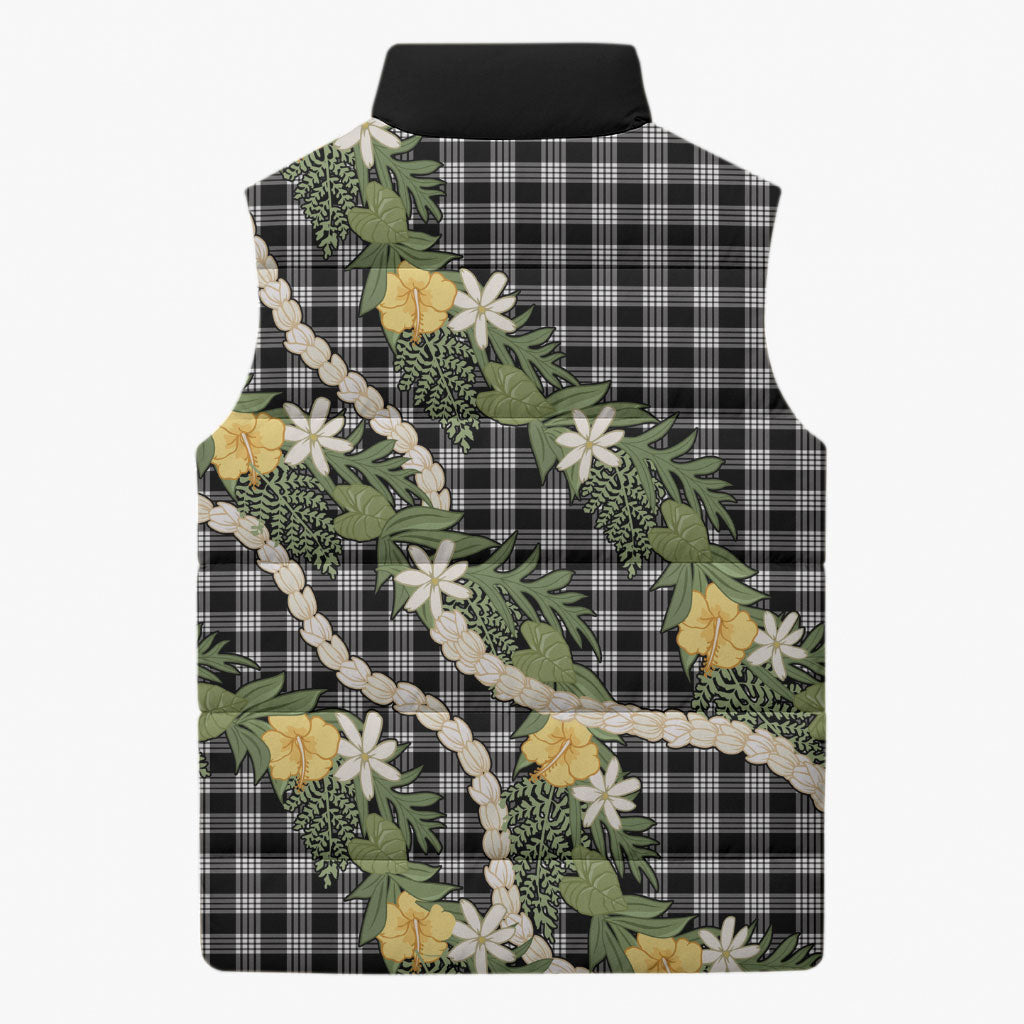 Aloha Puakenikeni Anthurium Pikake Lei Sleeveless Puffer Jacket Black Hawaiian Palaka Pattern