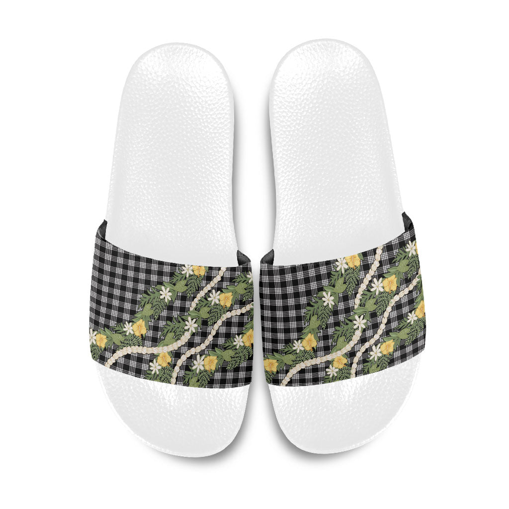 Aloha Puakenikeni Anthurium Pikake Lei Slide Sandals Black Hawaiian Palaka Pattern LT9 Black - Polynesian Pride