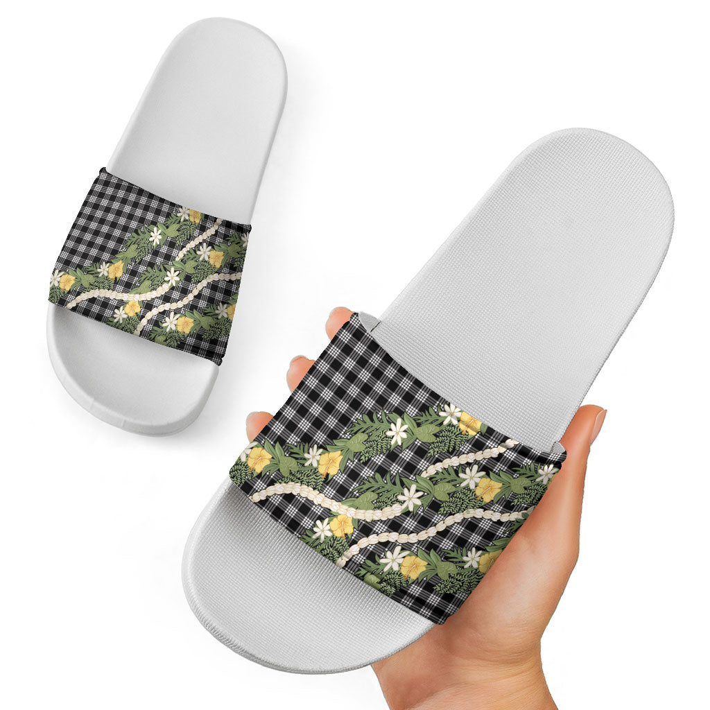 Aloha Puakenikeni Anthurium Pikake Lei Slide Sandals Black Hawaiian Palaka Pattern LT9 - Polynesian Pride