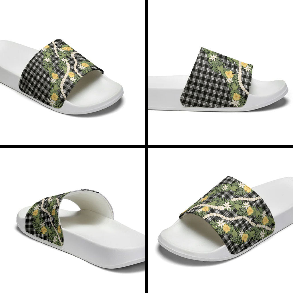 Aloha Puakenikeni Anthurium Pikake Lei Slide Sandals Black Hawaiian Palaka Pattern LT9 - Polynesian Pride