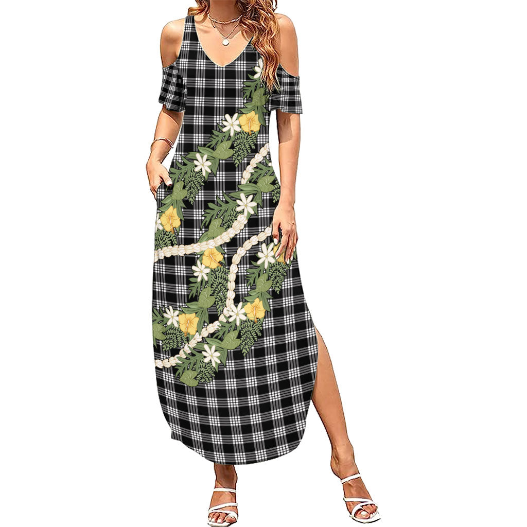 Aloha Puakenikeni Anthurium Pikake Lei Summer Maxi Dress Black Hawaiian Palaka Pattern