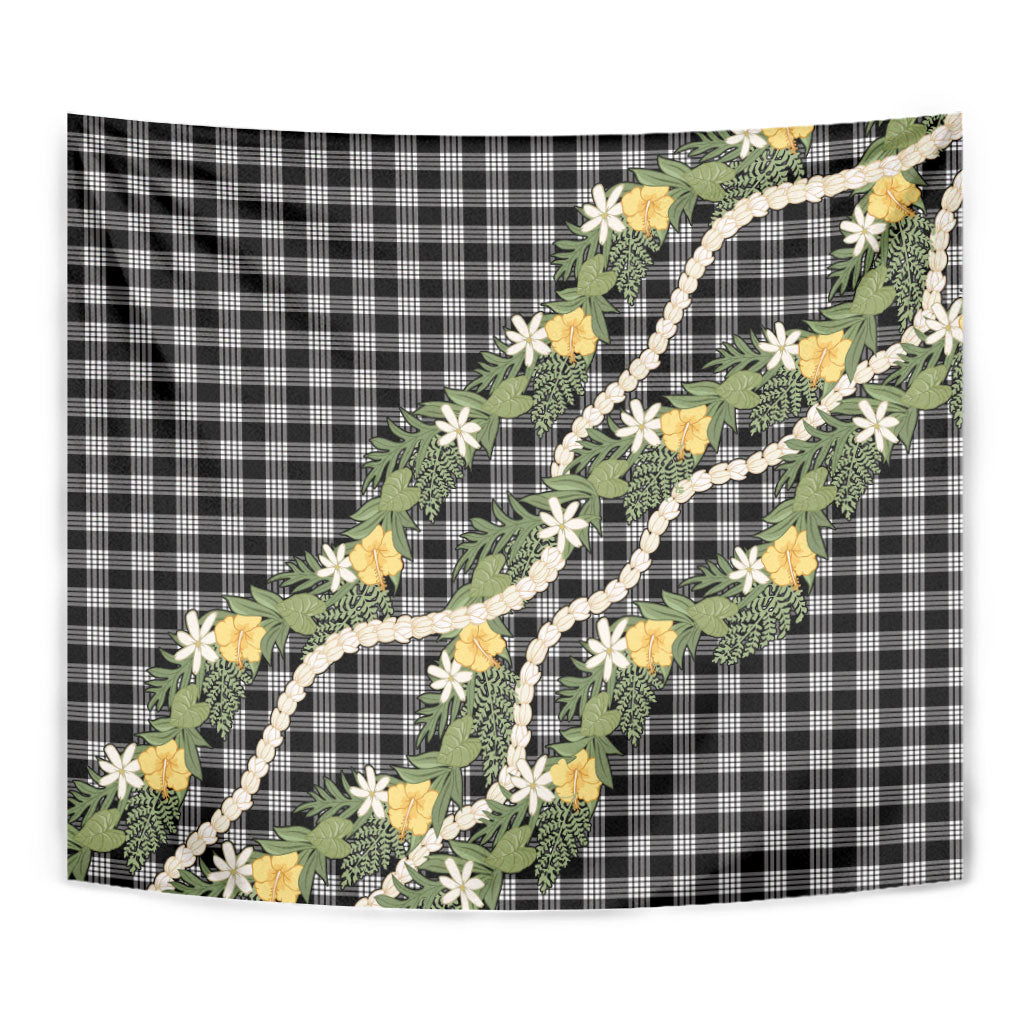 Aloha Puakenikeni Anthurium Pikake Lei Tapestry Black Hawaiian Palaka Pattern