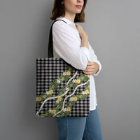 Aloha Puakenikeni Anthurium Pikake Lei Tote Bag Black Hawaiian Palaka Pattern