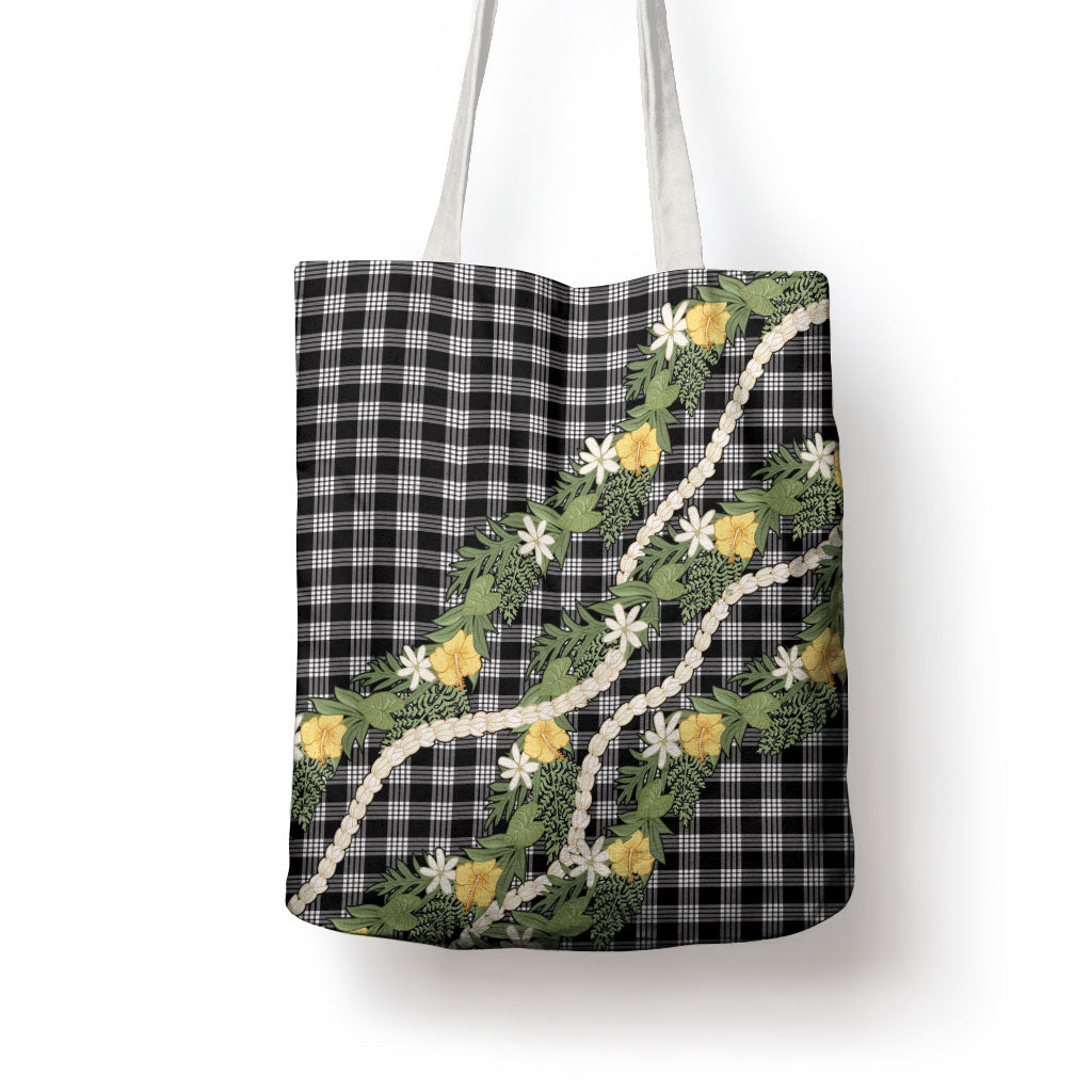 Aloha Puakenikeni Anthurium Pikake Lei Tote Bag Black Hawaiian Palaka Pattern