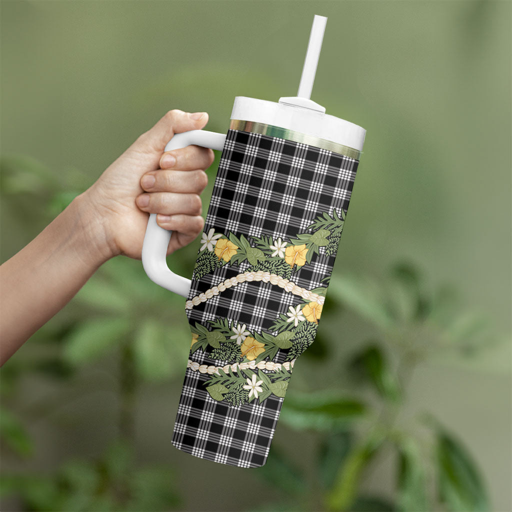 Aloha Puakenikeni Anthurium Pikake Lei Tumbler With Handle Black Hawaiian Palaka Pattern